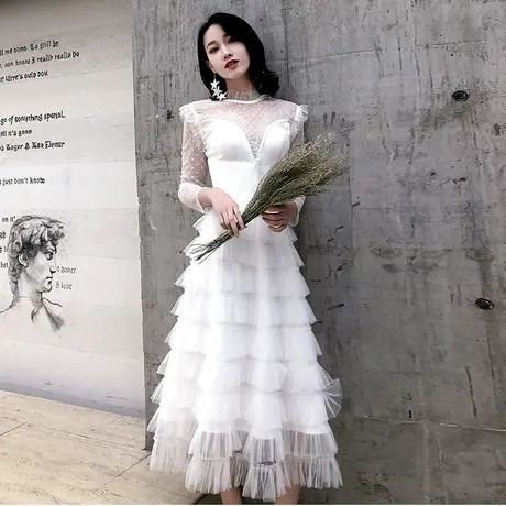 长袖小晚礼服女2024新款生日宴会年会白色连衣裙平时可穿仙气修身图片