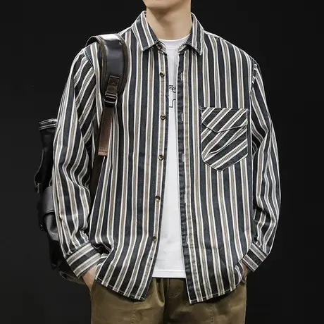 春季2024新款条纹衬衫男长袖春秋款男装大码男士衬衣外套上衣休闲商品大图
