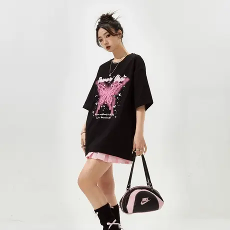 YEP黑色发泡印蝴蝶短袖t恤女春夏2024新款宽松oversize情侣装上衣商品大图