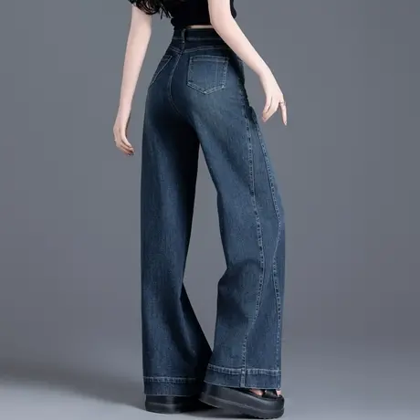 拼接直筒牛仔裤女2024年新款春秋宽松高腰裤子微喇叭裤女士阔腿裤图片