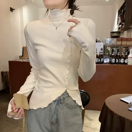 木耳边半高领德绒打底衫女新款秋冬内搭加厚保暖修身长袖t恤上衣图片