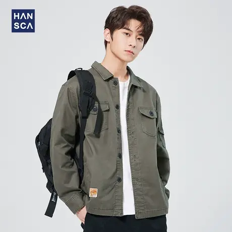 汉斯卡春秋季工装外套男士宽松潮牌日系翻领军绿色大码休闲夹克男商品大图