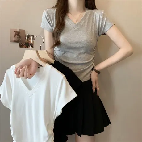 辣妹短款褶皱收腰短袖T恤女夏装2024新款修身显瘦V领正肩打底上衣商品大图