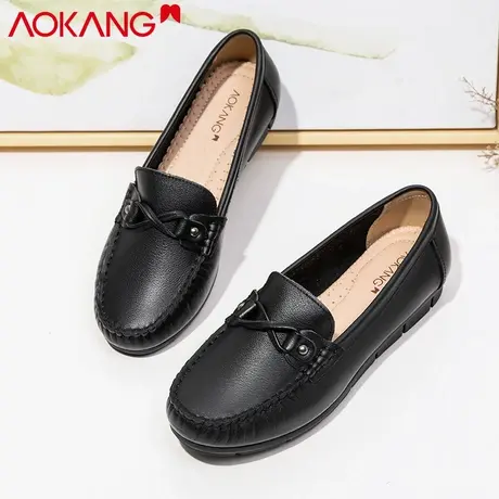 奥康女鞋豆豆鞋女平底中老年妈妈鞋百搭浅口软皮秋单鞋牛皮舒适商品大图