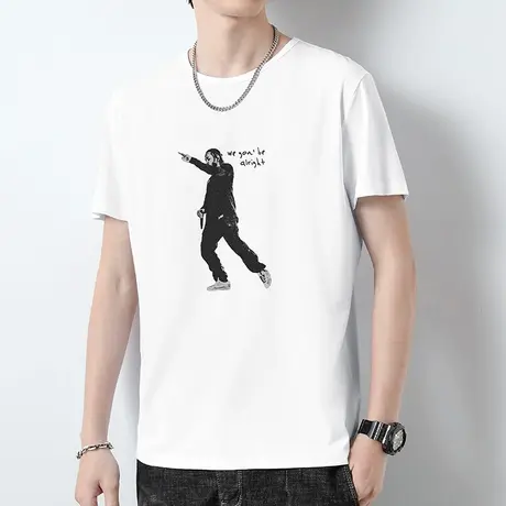 莫代尔短袖t恤男装2023新款冰丝凉感半袖潮流圆领上衣服白色体恤商品大图