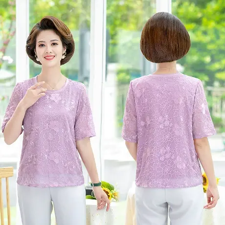 妈妈夏装套装2021新款 中年洋气小衫高贵中老年女春夏短袖t恤上衣商品大图
