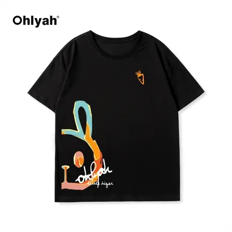 Ohlyah卡通兔子潮牌纯棉圆领T恤女宽松情侣黑色短袖班服定制ins图片