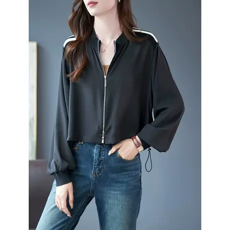 宝诗黎圆领条纹针织拼接时尚短外套2023早秋新款长袖拉链开衫上衣商品大图