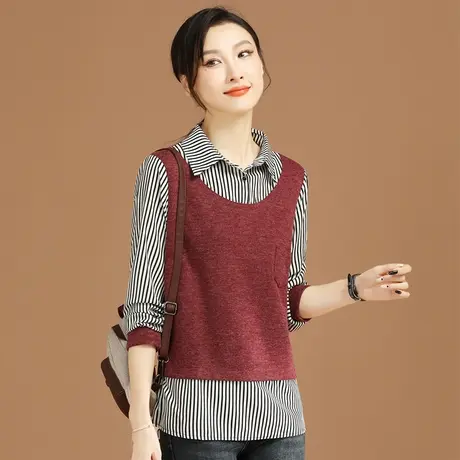 韩潮袭人假两件拼接条纹衬衣女上衣2023年秋季新款百搭长袖衬衫商品大图