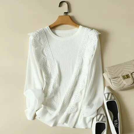 秋季2023年新款雪纺袖冰丝针织衫女长袖宽松上衣洋气蕾丝打底衫女图片