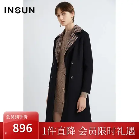 恩裳2022冬经典双排扣格纹点缀通勤保暖羊毛毛呢外套商品大图