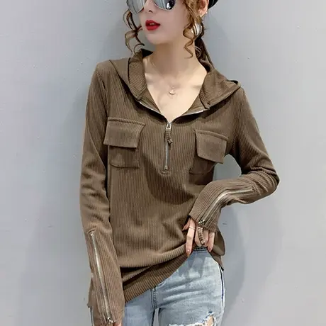 欧货连帽卫衣女长袖春秋2023新款时尚设计感拉链外套气质显瘦上衣图片