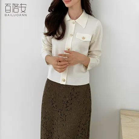 百洛安重工单排扣毛衣外套女外搭秋新款气质翻领长袖羊毛针织开衫图片