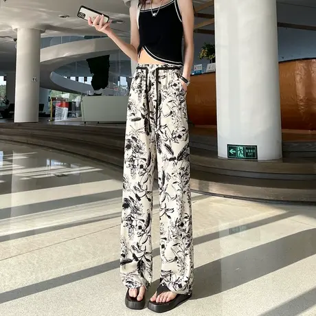 冰丝阔腿裤女夏季薄款高腰垂感窄版显瘦水墨印花小众休闲拖地裤商品大图