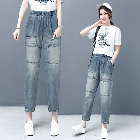 牛仔哈伦裤女2023新款秋季大口袋时尚九分裤小个子高腰显瘦老爹裤商品大图