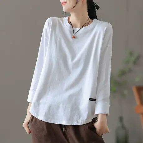 dza复古白色纯棉圆领休闲t恤女士秋季新款宽松打底衫内搭显瘦上衣商品大图