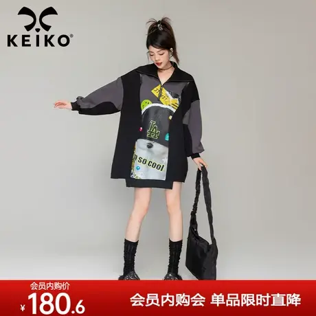 KEIKO 美式oversize卫衣2023秋季解构拼色设计印花polo领卫衣裙潮商品大图