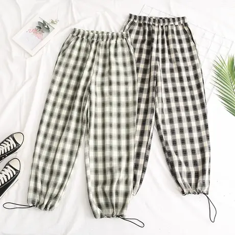 韩版显瘦阔腿裤抽绳格纹裤2020秋季新款宽松直筒束脚休闲格子裤女图片