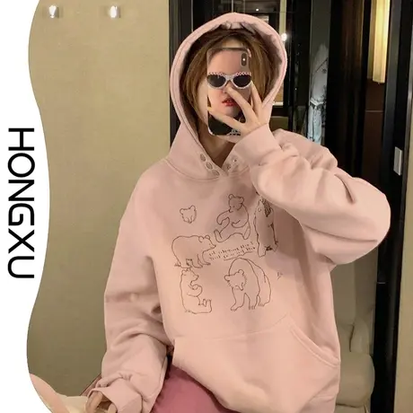 红续小熊印花粉色连帽卫衣2023冬季美式复古上衣加厚显瘦百搭长袖图片