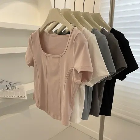 显瘦方领鱼骨Tee！夏设计感拼条修身短款露脐辣妹短袖小个子T恤女商品大图