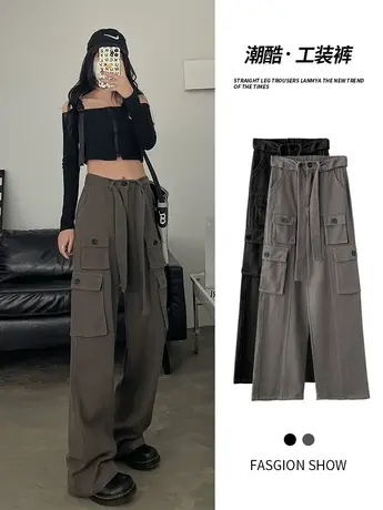 美式复古工装裤子女春秋款2023新款小个子高腰休闲直筒运动阔腿裤图片