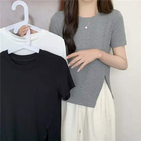 ins超火开叉短袖T恤女夏季2022新款修身显瘦学生半袖上衣打底小衫商品大图
