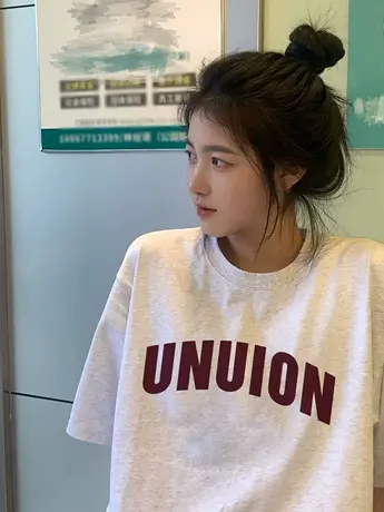 白灰色正肩短袖t恤女oversize宽松美式复古小众设计感半袖上衣夏商品大图