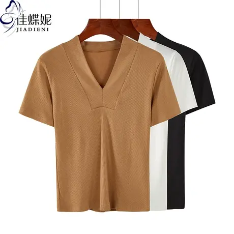 夏季新款韩版纯白修身坑条纹纯色简约V领短袖体恤上衣内搭打底女商品大图
