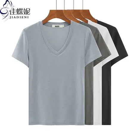 夏季新款韩版V领修身纯色纯棉简约显瘦短袖体恤上衣内搭女打底衫图片