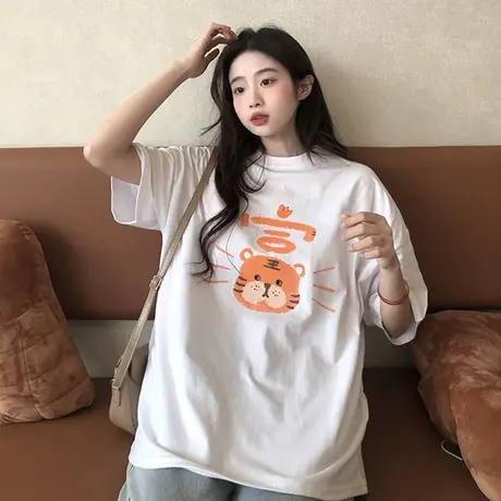 短袖t恤ins潮港味女慵懒风韩版宽松打底衫2022年虎年新款大码上衣商品大图