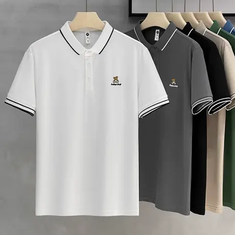 冰丝POLO衫男短袖T恤2023夏季潮牌条纹翻领刺绣透气网眼半袖男装商品大图