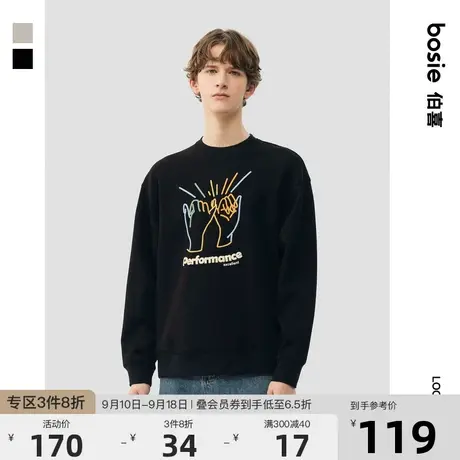 bosie2023年春季新品卫衣男情侣学院风勾手圆领印花卫衣休闲潮图片