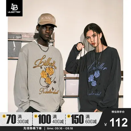 Lilbetter落肩长袖T恤男潮流情侣装圆领体恤美式上衣复古打底衫秋商品大图