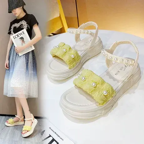 厚底增高凉鞋2023年夏季新款百搭平底时尚珠子罗马仙女鞋子ins潮商品大图