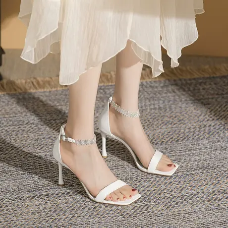 仙女风凉鞋女细跟2023夏季新款法式小众一字带气质水钻露趾高跟鞋图片