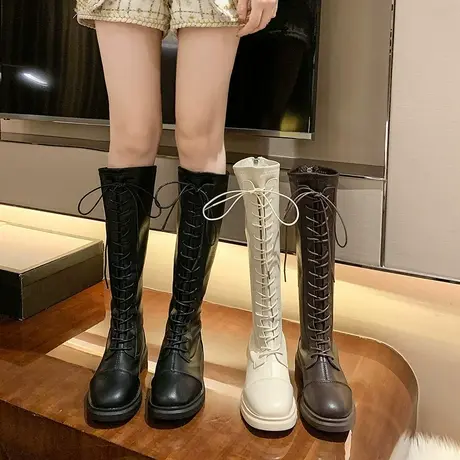 弹力系带长靴女2024新款春秋不过膝骑士靴女高筒瘦瘦靴中筒马丁靴图片
