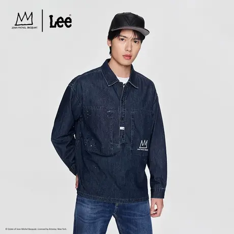 【Basquiat联名】Lee24春季新品舒适版中深蓝半开门襟男牛仔衬衫商品大图