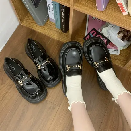 厚底乐福鞋女款2024春季新款一脚蹬黑色粗跟单鞋高级感高跟小皮鞋商品大图