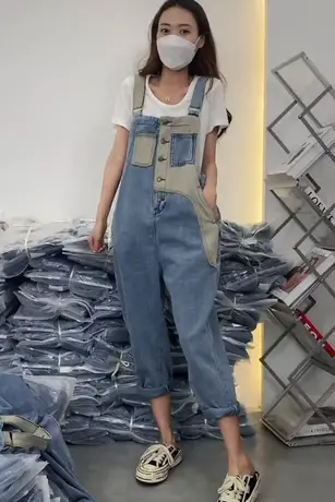 港风复古撞色拼接休闲韩版牛仔背带裤女宽松显瘦高腰百搭连体裤潮商品大图