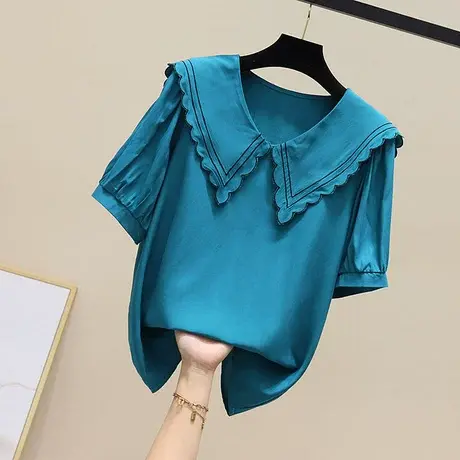 夏季2023年新款雪纺衫女短袖气质翻领衬衣娃娃领衬衫洋气格子上衣商品大图