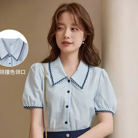 茵曼2023年夏季休闲文艺短袖衬衣女纯棉衬衫上衣图片