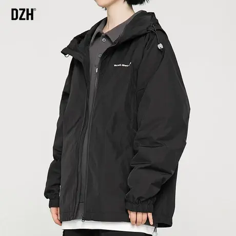 男士黑色连帽外套男春秋宽松情侣装潮流男装2023新款冲锋衣夹克衫商品大图