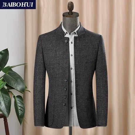 2022秋季新款青中年中山装男士修身时尚立领休闲呢子小西装外套潮商品大图