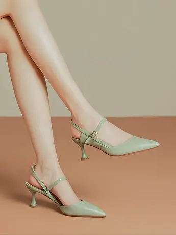 2023夏新款浅绿色高跟鞋女里外真皮浅口小尖头一字式扣带百搭女鞋商品大图