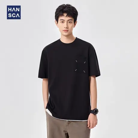 hansca 冰丝凉感桑蚕丝男士短袖T恤2025夏季纯色圆领宽松刺绣上衣商品大图