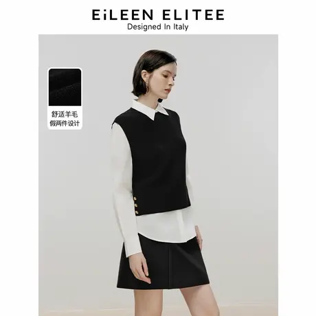 朗姿欧洲EiLEEN ELITEE2024冬季新款羊毛假两件复古针织马甲衬衫图片