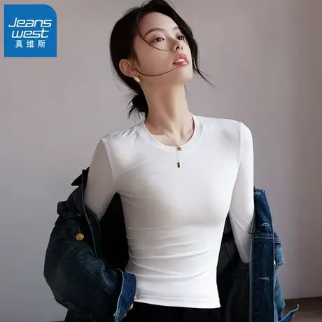 KMV真维斯白色半高领打底衫女内搭2025春秋款长袖t恤修身显瘦上衣商品大图