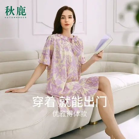 秋鹿纯棉睡裙夏季女中袖简约印花连衣裙中长款梭织棉女裙夏款睡衣商品大图