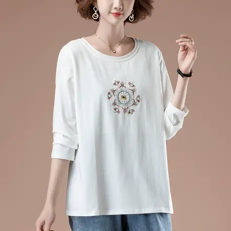 长袖t恤女春秋加肥加大码女装宽松中年妈妈遮肚子纯棉刺绣打底衫商品大图