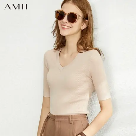 Amii极简针织衫女2025夏新款修身内搭显瘦桃心V领打底衫中袖上衣商品大图